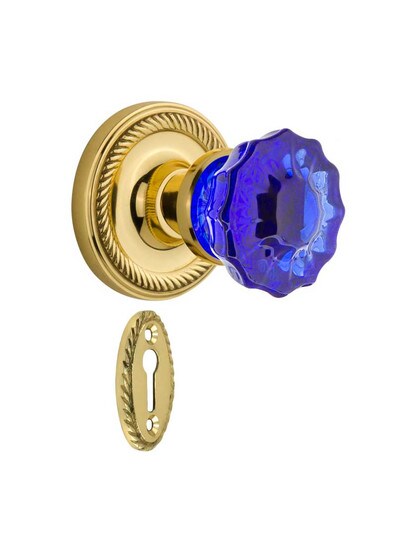 Rope Rosette Mortise Lock Set with Colored Fluted Crystal Glass Knobs Cobalt Blue in Polished Brass.